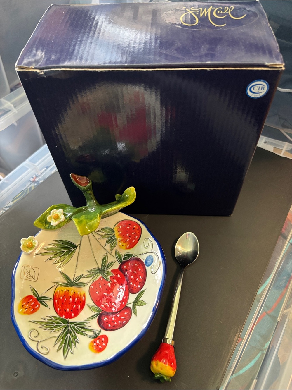 Blue Sky J McCall Hand-Painted Strawberry Ceramic Bowl with Spoon - NWT